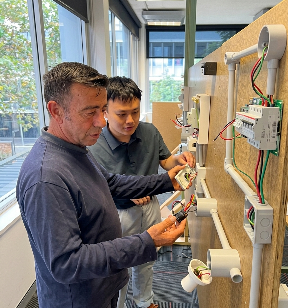 Electrician instructor and student working at a switchboard training rig in the Rosehill College workshop